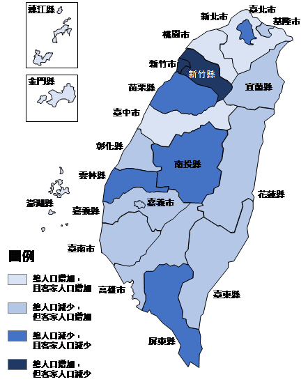 各縣市設籍人口總數與推估客家人口增減情形。客家委員會提供
