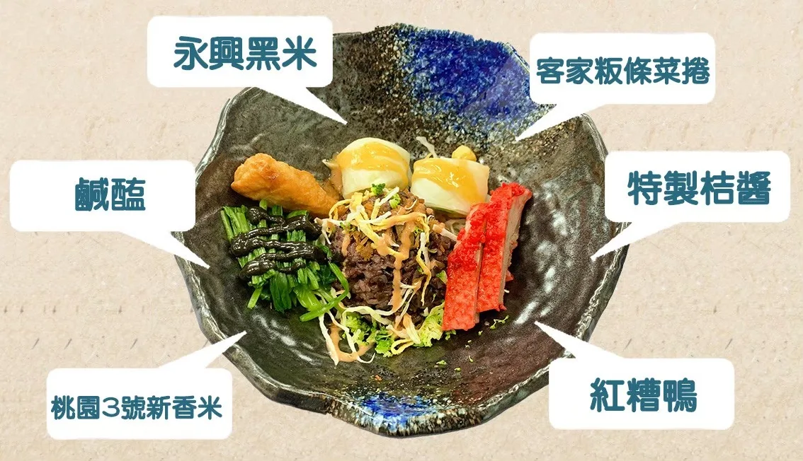 新屋石滬故事館結合傳統客家食材與在地食材，製成精緻「鹹醢飯」。新屋石滬故事館提供