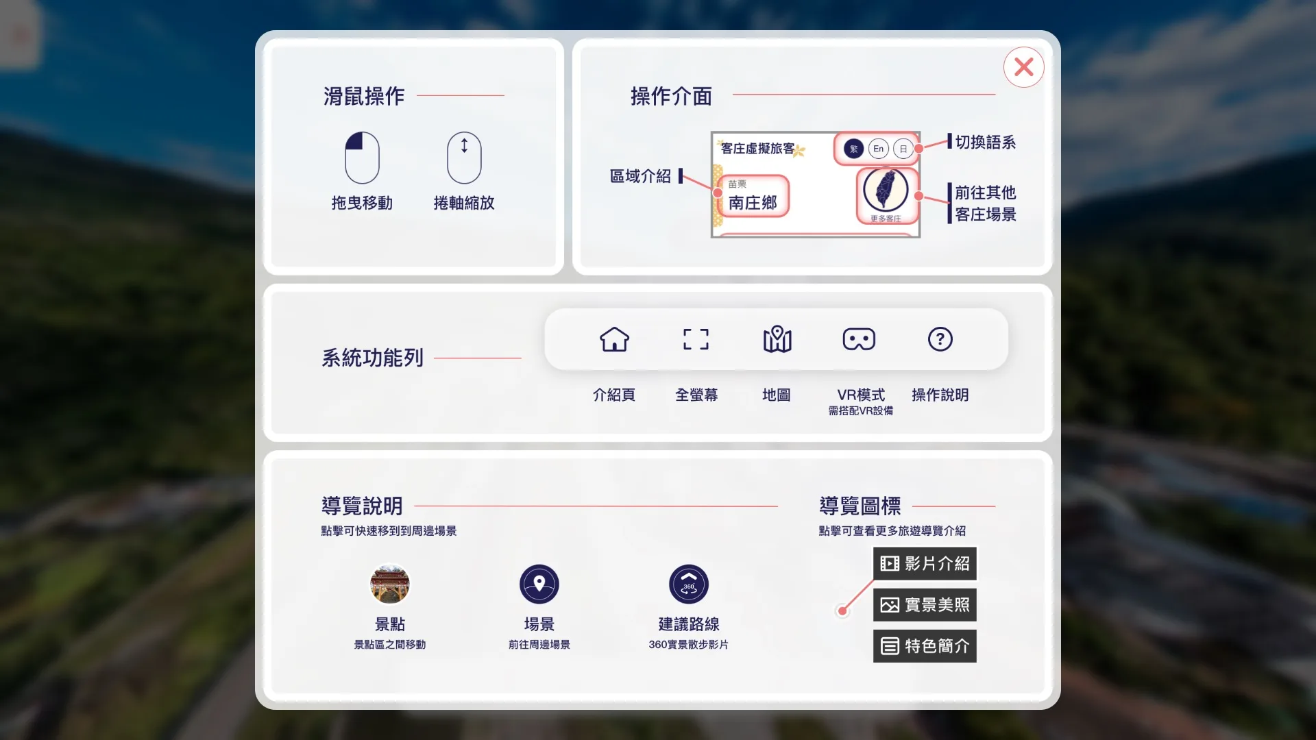 依據操作說明，客庄虛擬旅客頁面功能包括景點、建議路線，另外也有影片介紹、實景照片、特色簡介等。