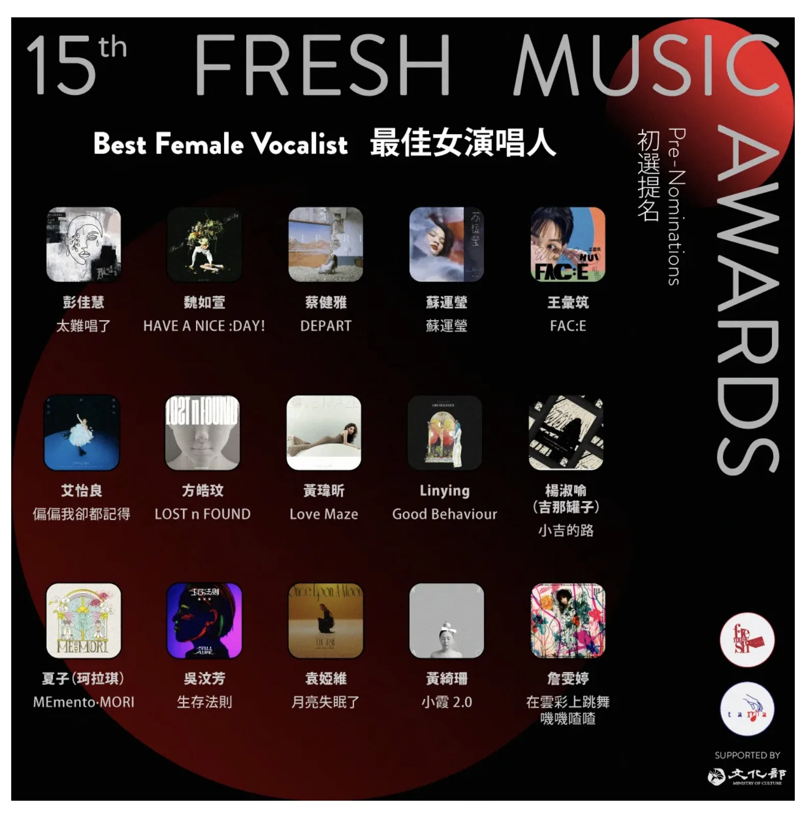 第15屆FMA最佳女演唱人-15強。圖/FMA官網。