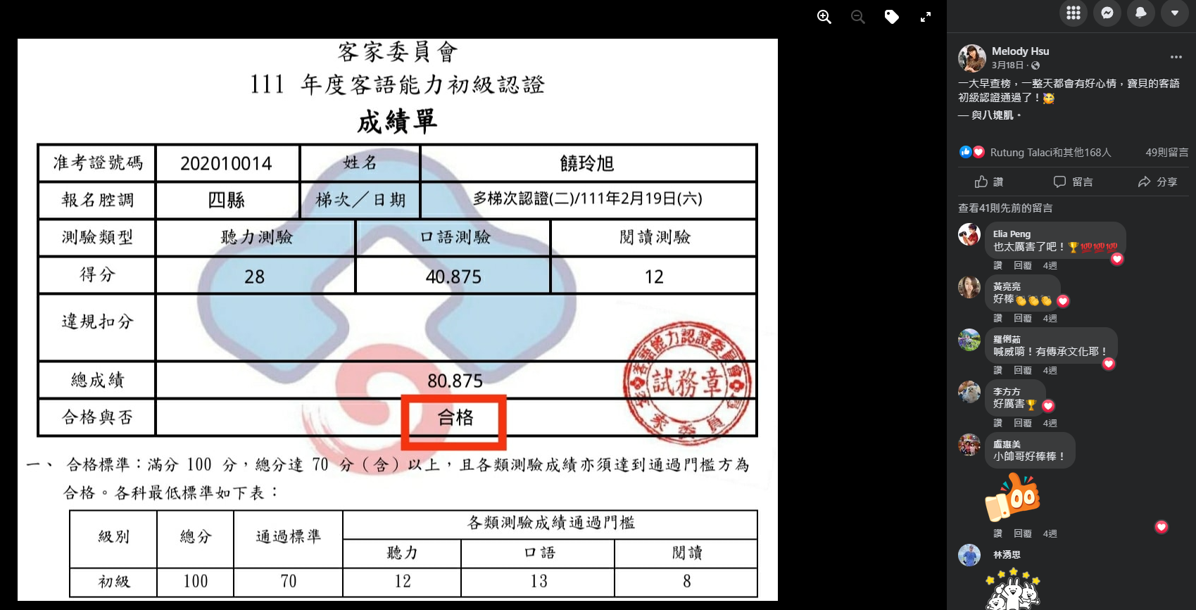 嬤嬤徐美婷分享兒子玲旭通過客語初級認證。翻攝Melody Hsu臉書