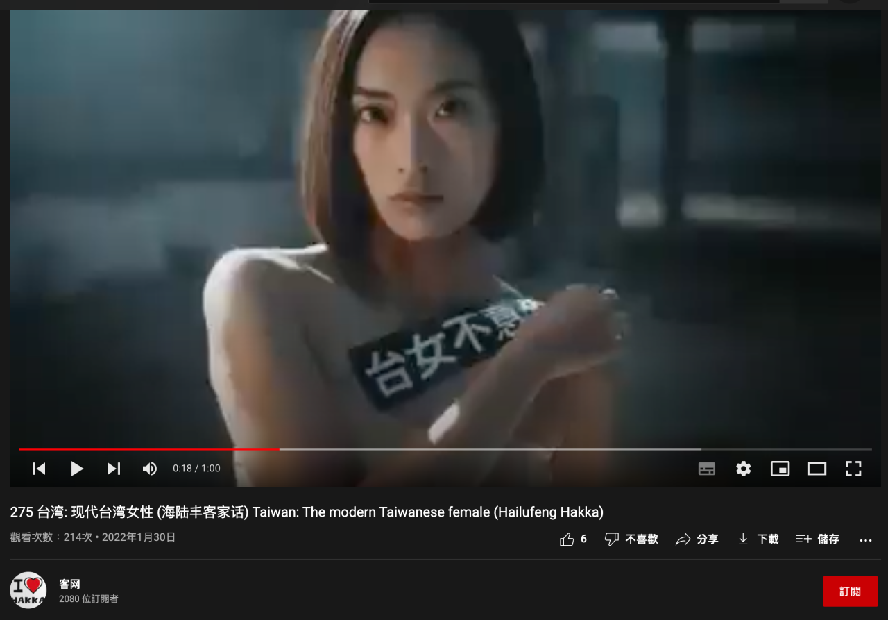 客委會「臺女不意外」影片也遭盜用上傳「客网」。翻攝Youtube