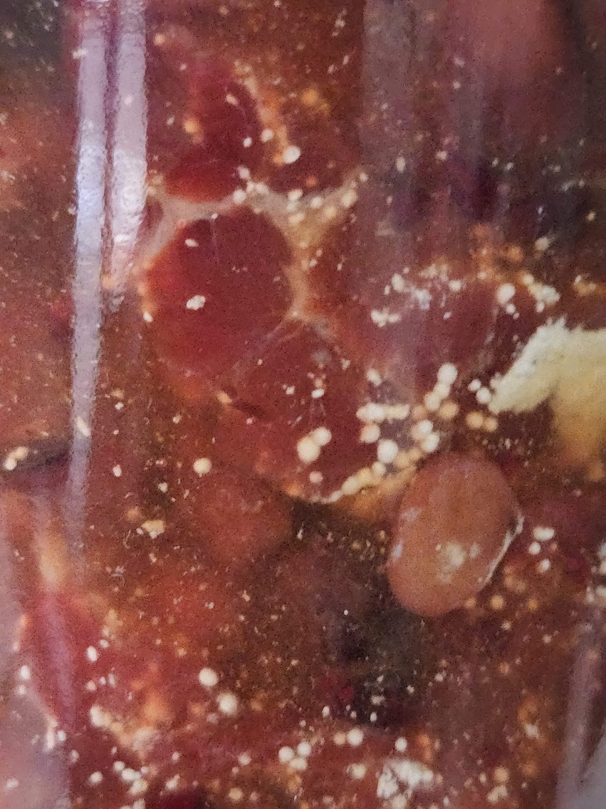 這是東勢客家醃漬的醢，瓶內白色點點都是生菇的菌落，但這些可都是助消化的好菌種喔！吳哲銘攝