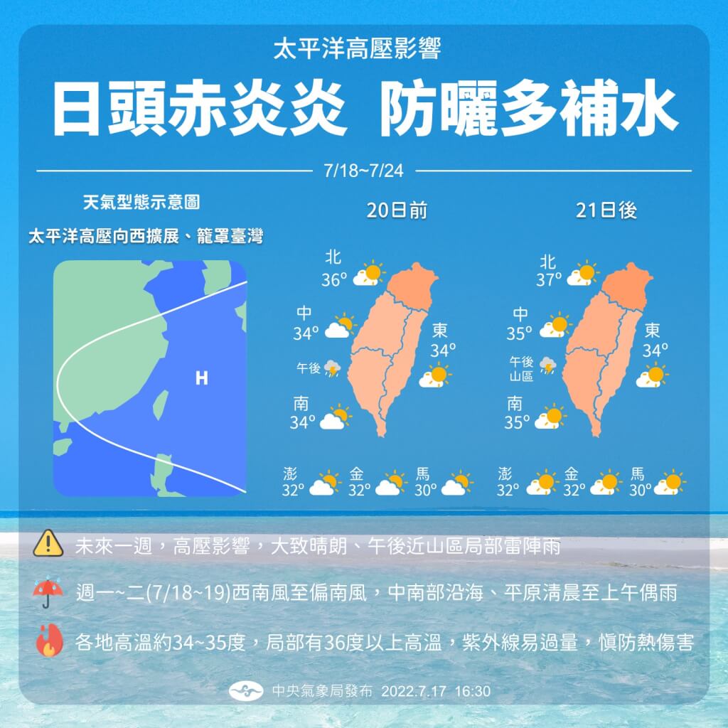 近日天氣溫度高,出外活動要注意水分補充。翻攝自氣象局粉專頁面