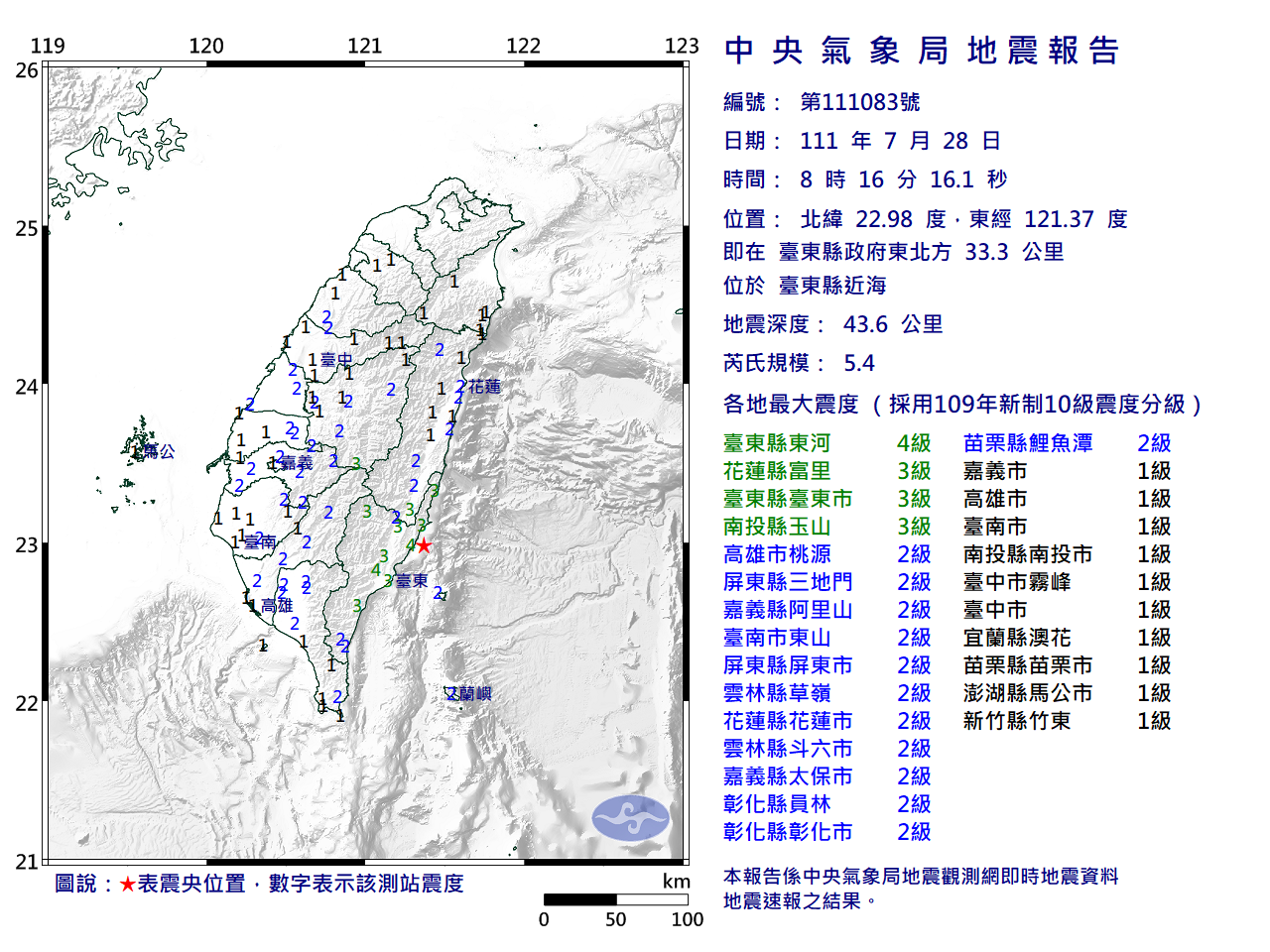111年07月28日08時16分，台東近海發生規模5.4地震。氣象提供