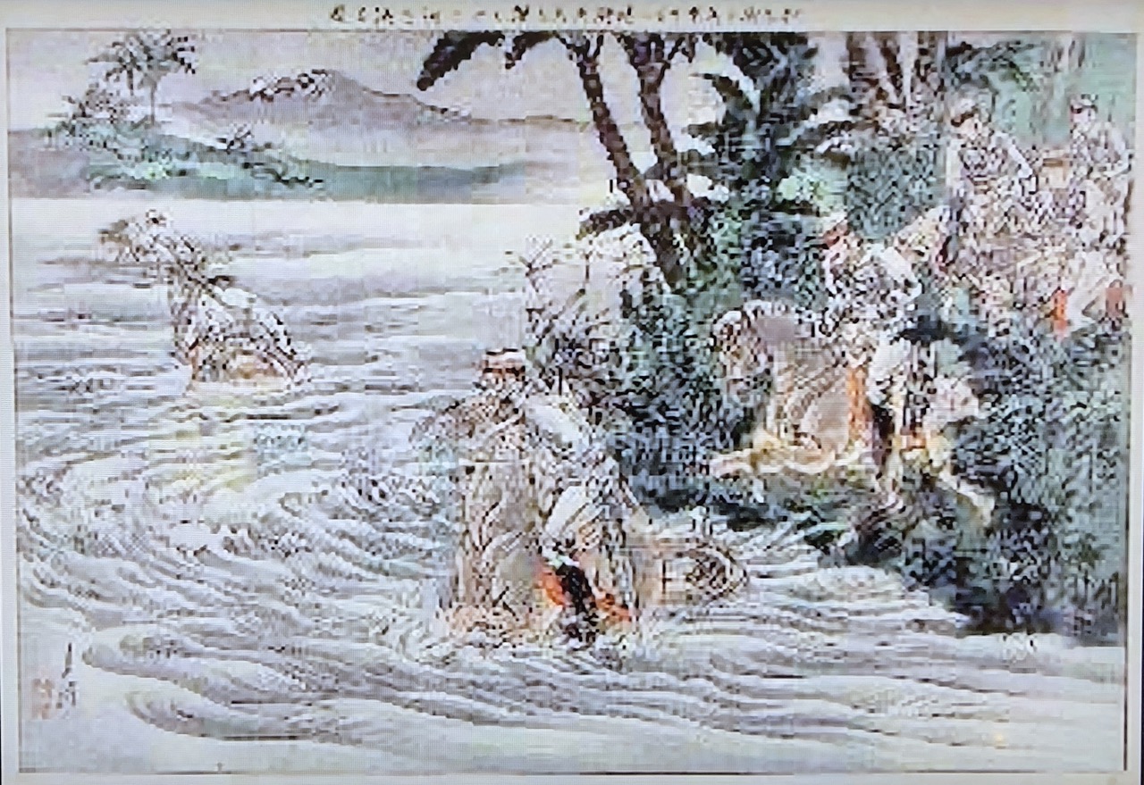 步月樓戰役，日軍攻擊茄冬腳時，騎兵其馬躍河強度。圖/國立台灣歷史博物館