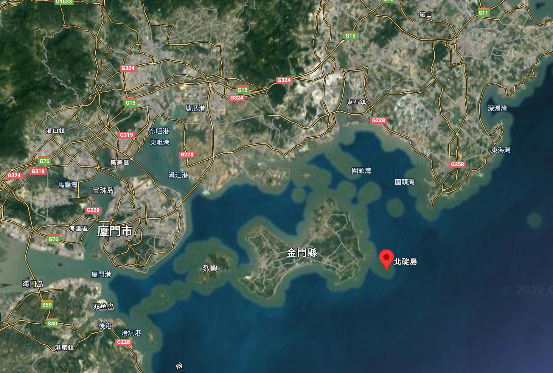 無人機飛過金門北碇,我駐軍以訊號彈驅離。翻攝 google map