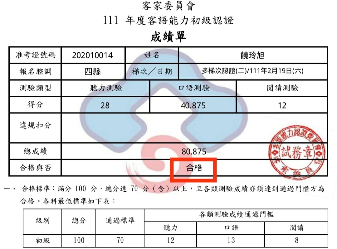 饒玲旭今年通過初級客語認證,徐美婷說,等到玲旭大一點,能夠寫作文、書寫客語拼音後,再挑戰中級暨中高級客語認證。徐美婷提供