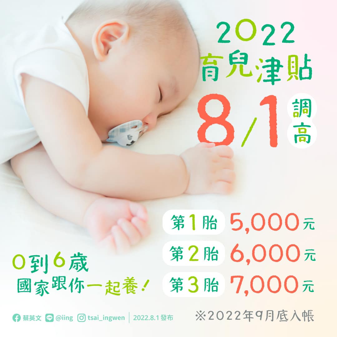 總統：8/1起子育兒補貼再加碼 9月底前匯入帳戶
