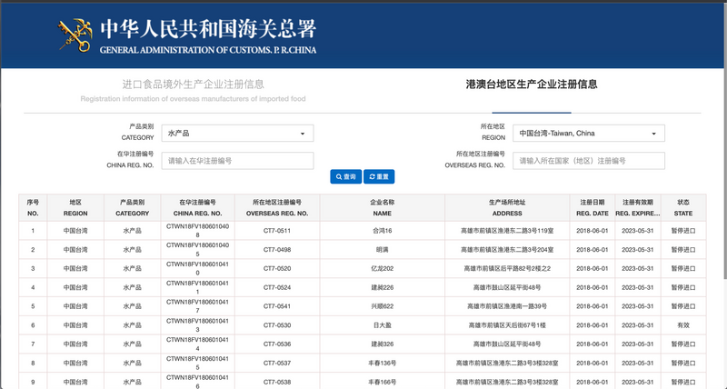 中國突然暫停我食品水產進口報復裴洛西訪台。翻攝中國海關總署網站