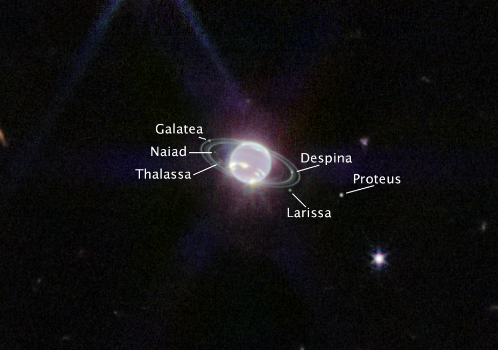 NASA詹姆斯韋伯太空望遠鏡發揮強大觀測力，首度傳回海王星照片，捕捉到30多年來最清楚的海王星環畫面。（圖取自NASA網頁nasa.gov）