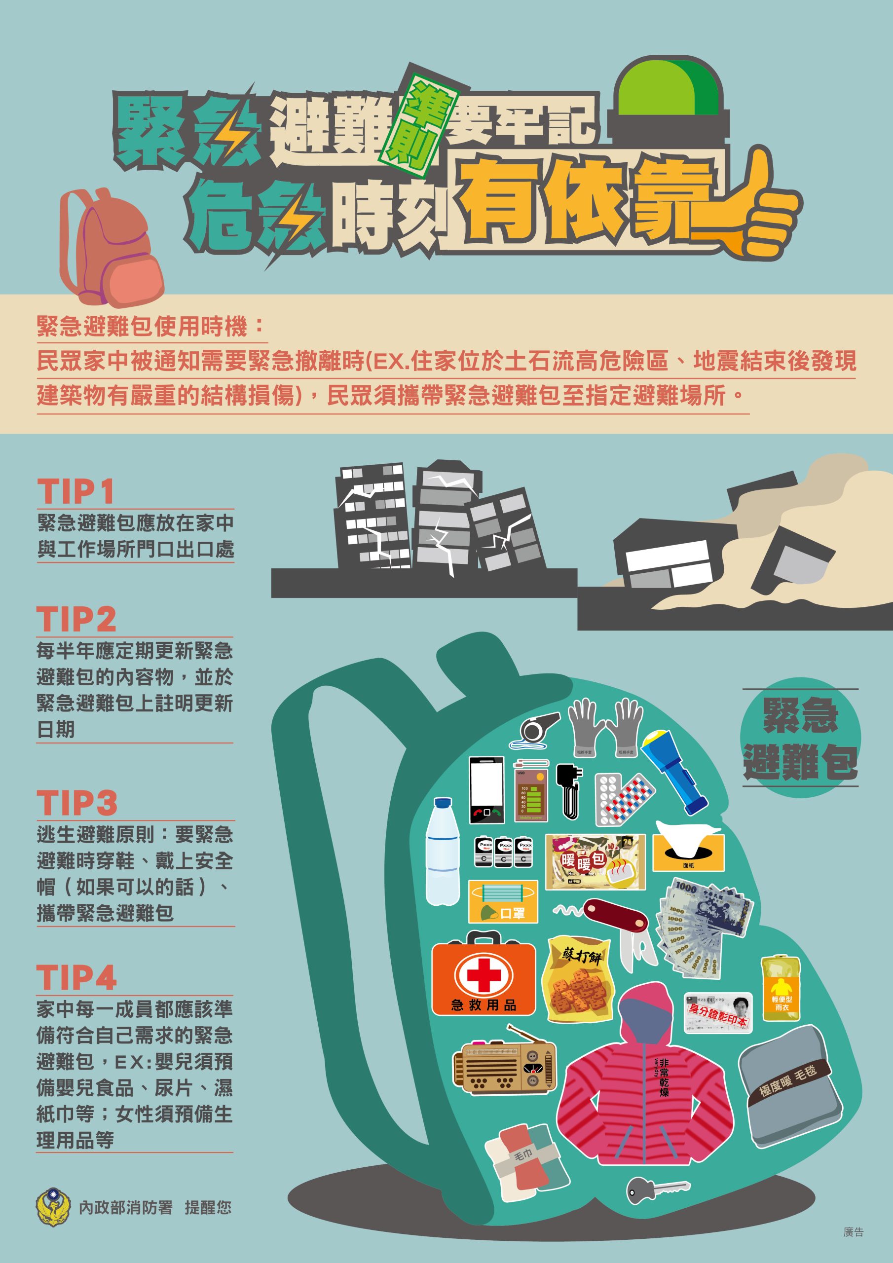 防災緊急避難包。取自內政部消防署網站