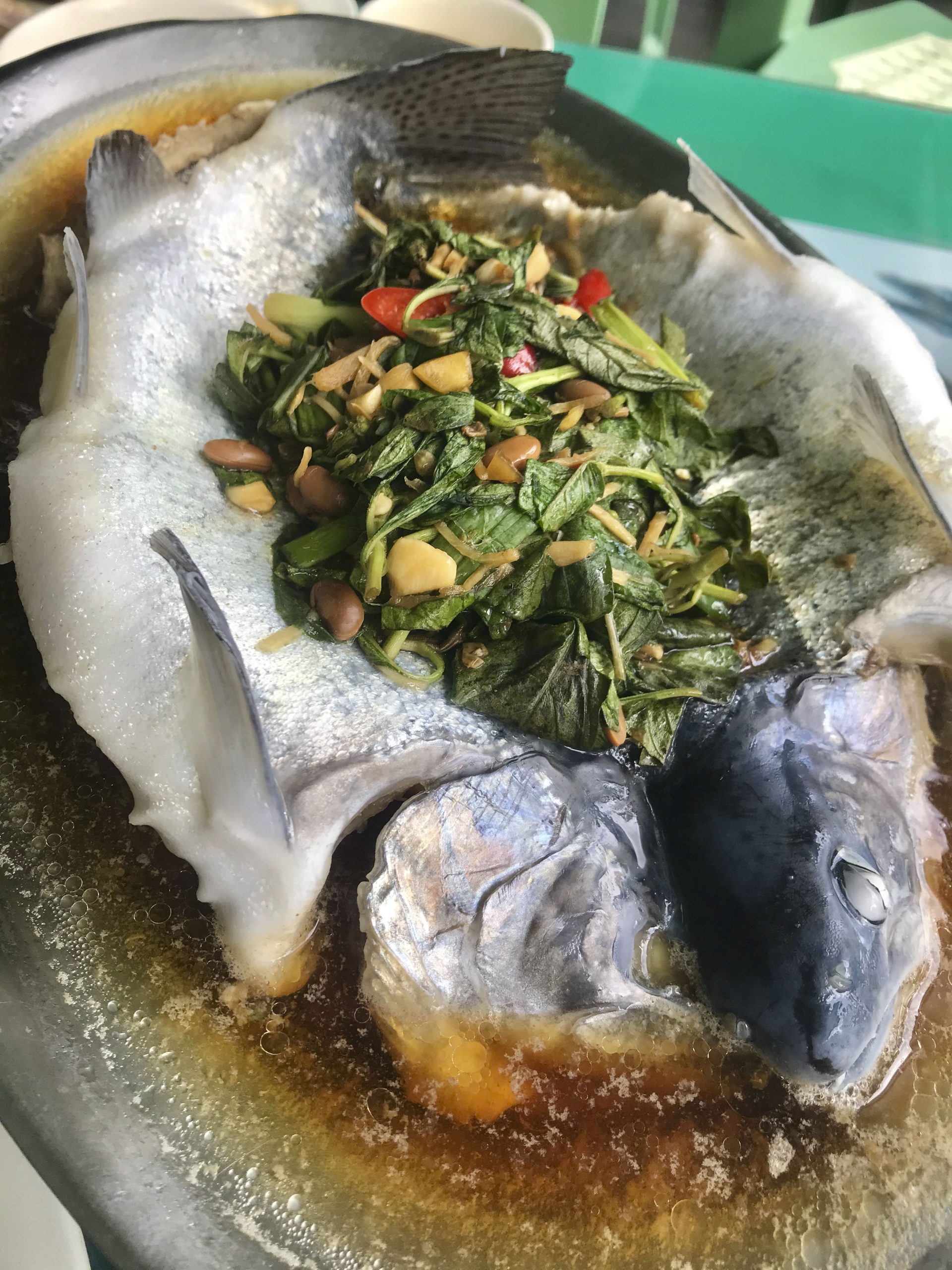 尖石鄉的鴛鴦谷用山泉水養的鱒魚,鱒魚是15分鐘前撈上來的,邊加熱尾巴會邊縮近鍋內,就像還活著一樣。楊尚倫攝