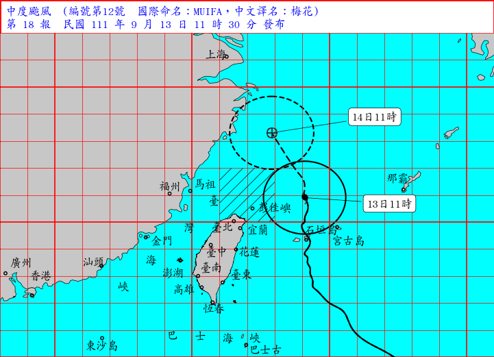 氣象局表示，梅花颱風東邊過，海上颱風警報發布中，今天會最接近臺灣，北部宜蘭防豪雨，沿海陣風、長浪，預計14日白天起颱風遠離，天氣逐漸回穩。圖／氣象局