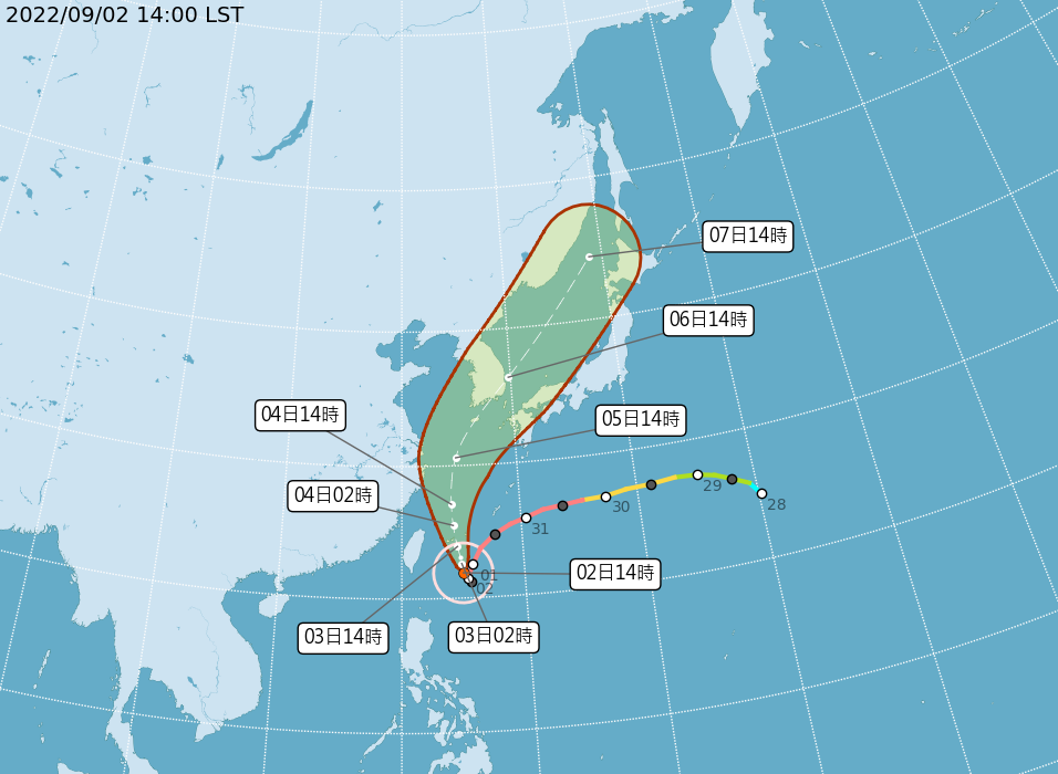 颱風軒嵐諾最新路徑圖。中央氣象局網頁
