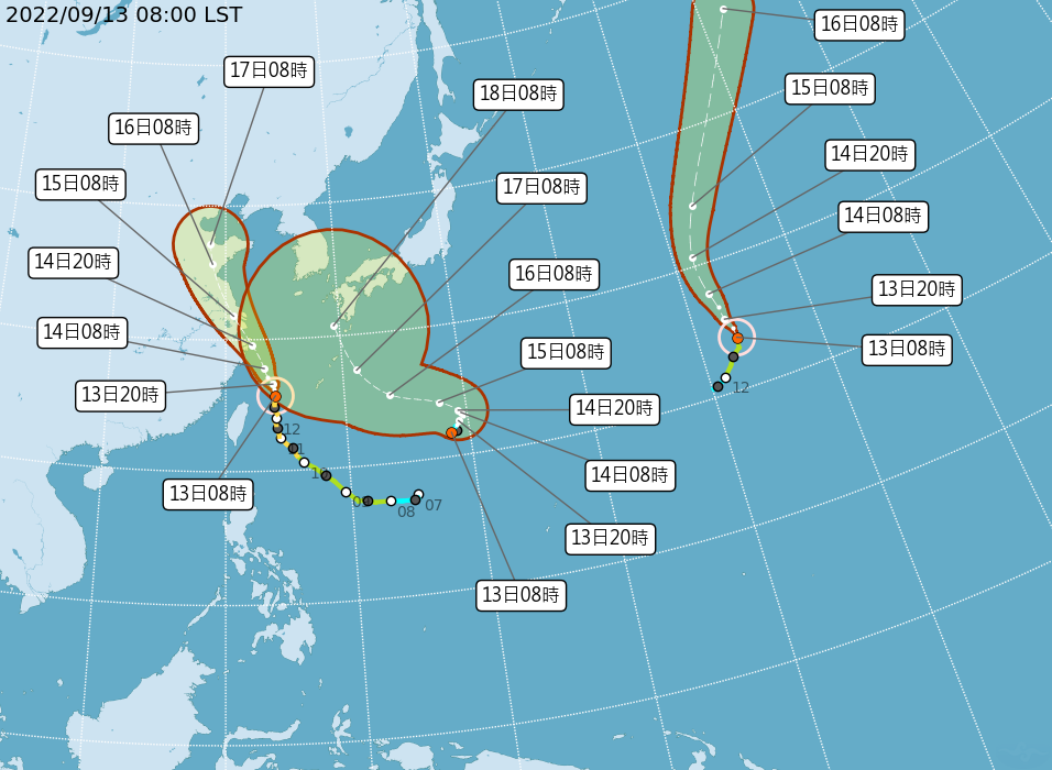 氣象局表示，梅花颱風東邊過，海上颱風警報發布中，今天會最接近臺灣，北部宜蘭防豪雨，沿海陣風、長浪，預計14日白天起颱風遠離，天氣逐漸回穩。圖／氣象局