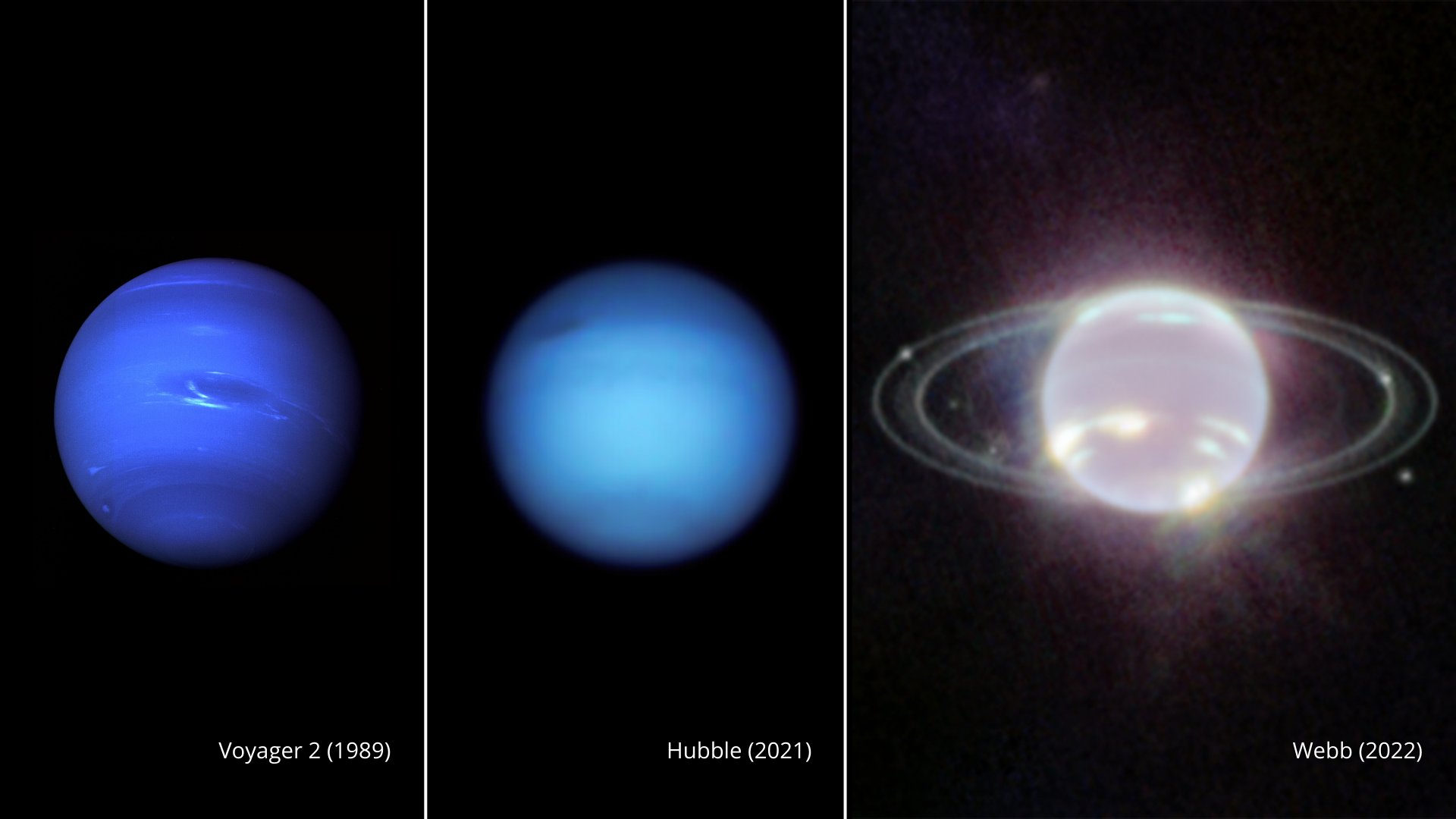 NASA詹姆斯韋伯太空望遠鏡發揮強大觀測力，首度傳回海王星照片，捕捉到30多年來最清楚的海王星環畫面。（圖取自NASA網頁nasa.gov）
