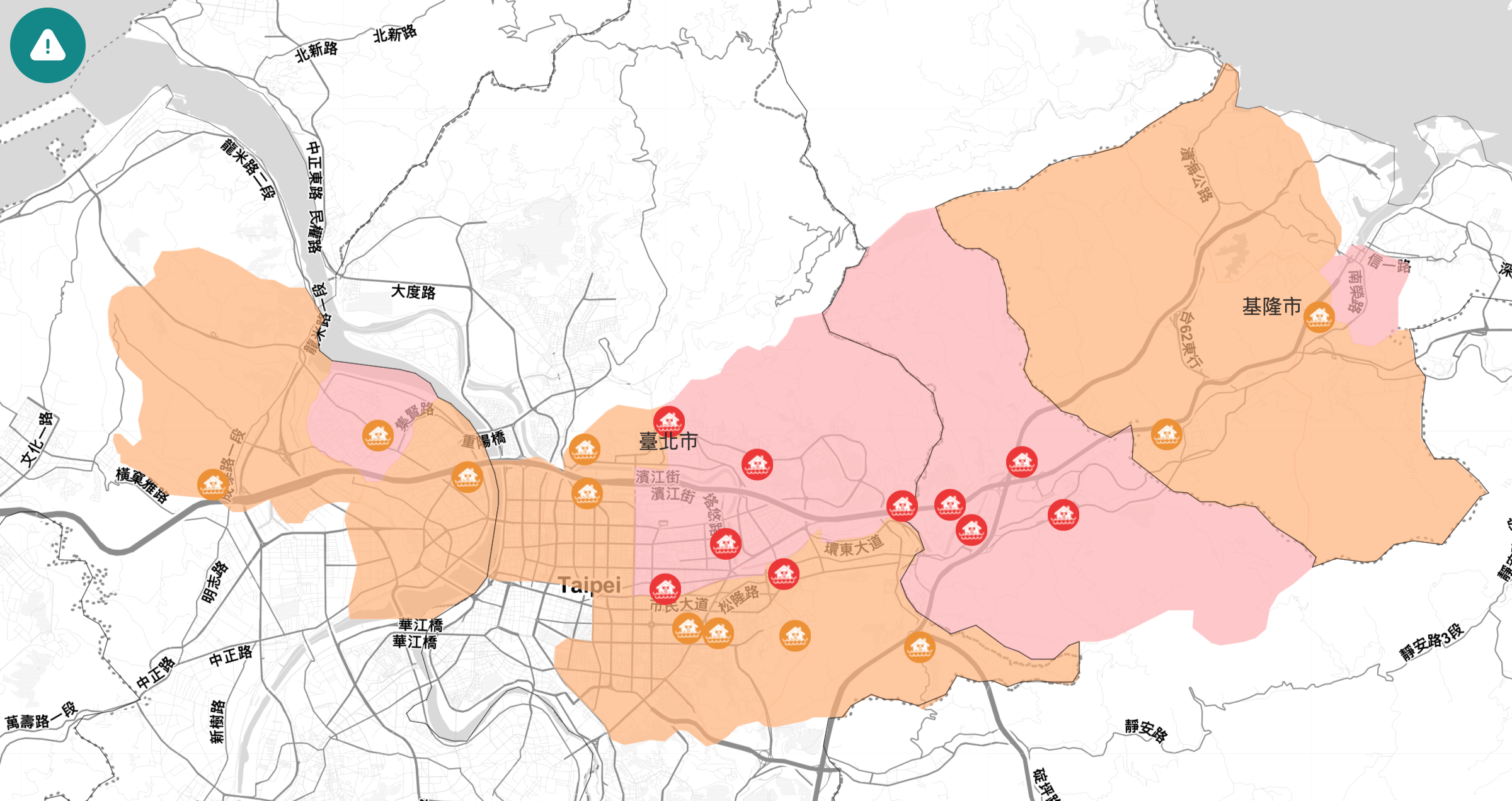 包括基隆、汐止、內湖、松山、蘆洲、五股等地區,被列淹水一級警戒。翻攝經濟部水利署