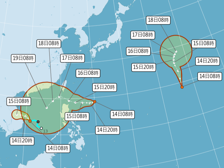 中央氣象局預計TD22（左）14日增強為颱風桑卡，位於菲律賓東方海面的TD23（中）對台灣影響比較大，15日有可能成颱。取自中央氣象局網頁