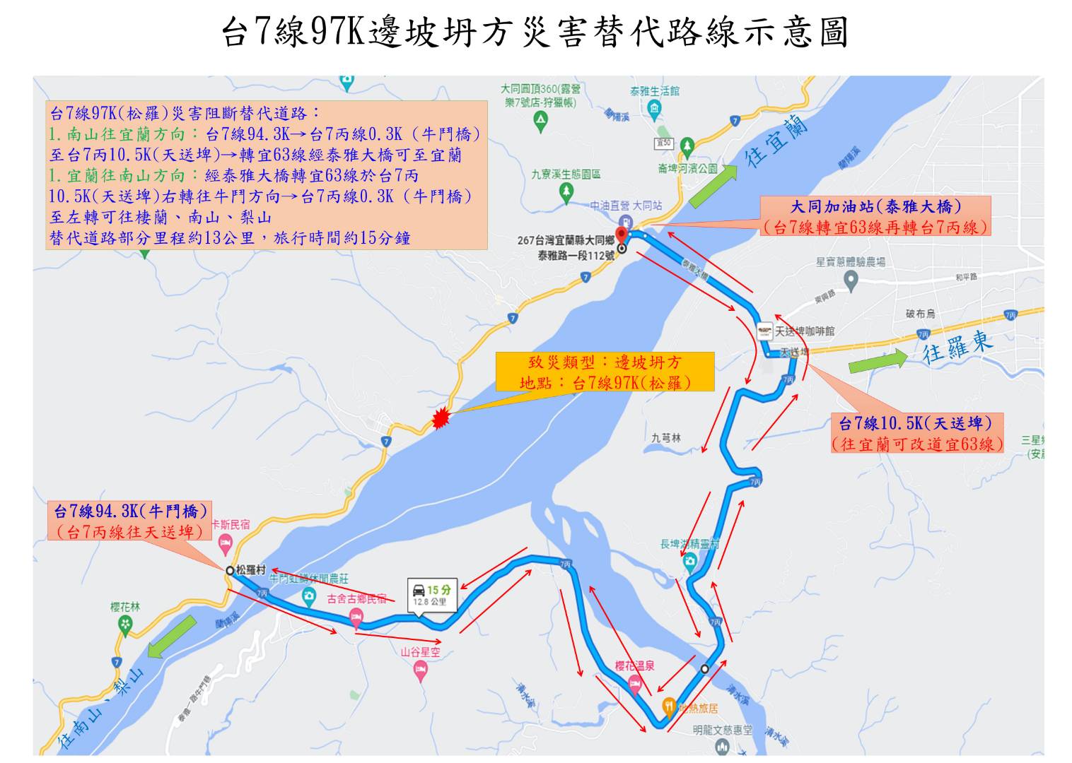 交通部公路總局第四區養護工程處，全力搶修今天凌晨4點，於北橫公路台7線97公里處（大同鄉松羅段）發生坍方的路段，並提供替代道路路線。第四區養護工程處提供
