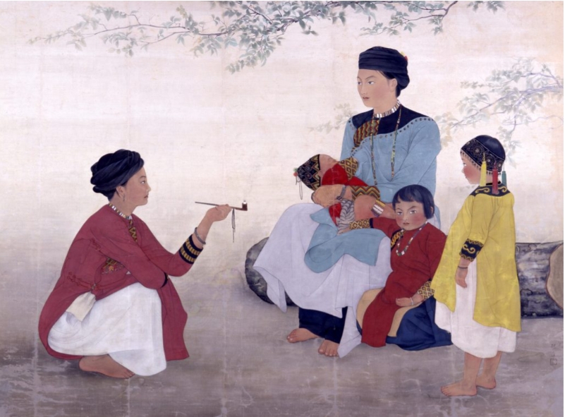 陳進在1934年以《合奏》入選帝展後並未懈怠，又前往屏東高女任教，並學習原住民文化，最後以排灣族人為題材進行創作，推出氣勢磅礡、本土特色鮮明的《三地門社之女》／陳進，《三地門社之女》，1936，147.7X199.1cm ，膠彩、絹本，福岡亞洲美術館收藏