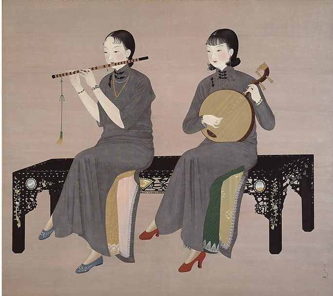 陳進1934年作〈合奏〉，膠彩絹本，177×200公分，同年第十五屆帝展入選。