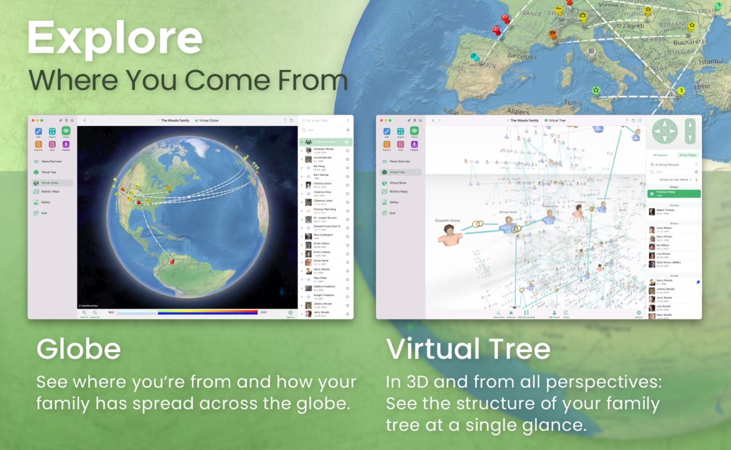 透過MacFamilyTree 10，可連結全球的家族成員。翻攝畫面