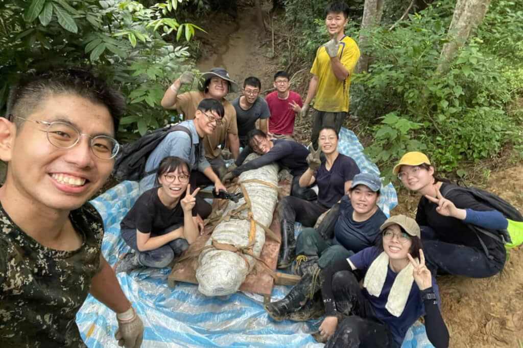 國立成功大學師生團隊與國立自然科學博物館學者等合作，在屏東恆春發掘距今超過8萬5000年的鯨魚化石標本，在挖掘過程中，最重的鯨魚下顎骨重達334公斤、長223公分，成員為此不僅訂做可供8人共抬的木製擔架，全程由12人輪流合力搬運。（成大提供）