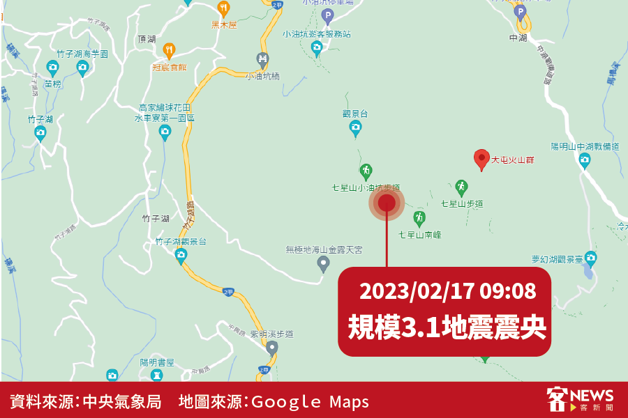 台北市北投區17日上午9時8分發生芮氏規模3.1地震。