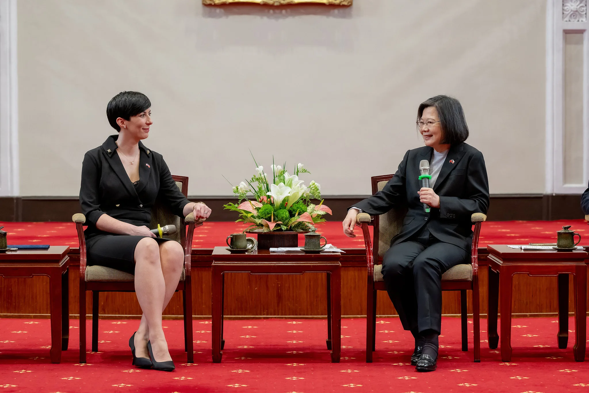 總統蔡英文(右)27日接見來訪的捷克眾議院議長艾達莫娃(Marketa Pekarova Adamova)(左)。總統府提供
