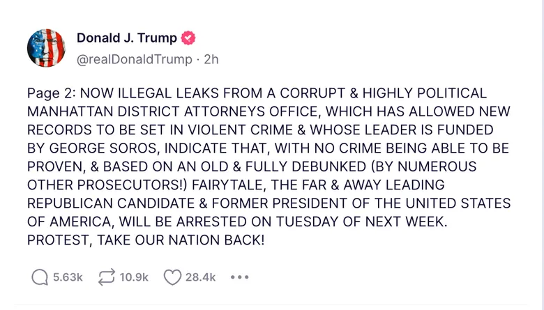 川普預言將遭逮捕的貼文。翻攝自Donald J. Trump官方《TRUTH Social》