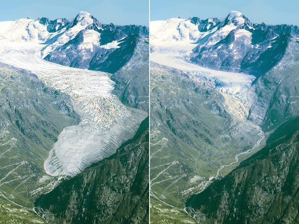 阿爾卑斯山規模最大的大阿萊奇冰川(Great Aletsch Glacier)地貌的顯著變化。翻攝自🦋 Renée de Suiza 🦋《推特》