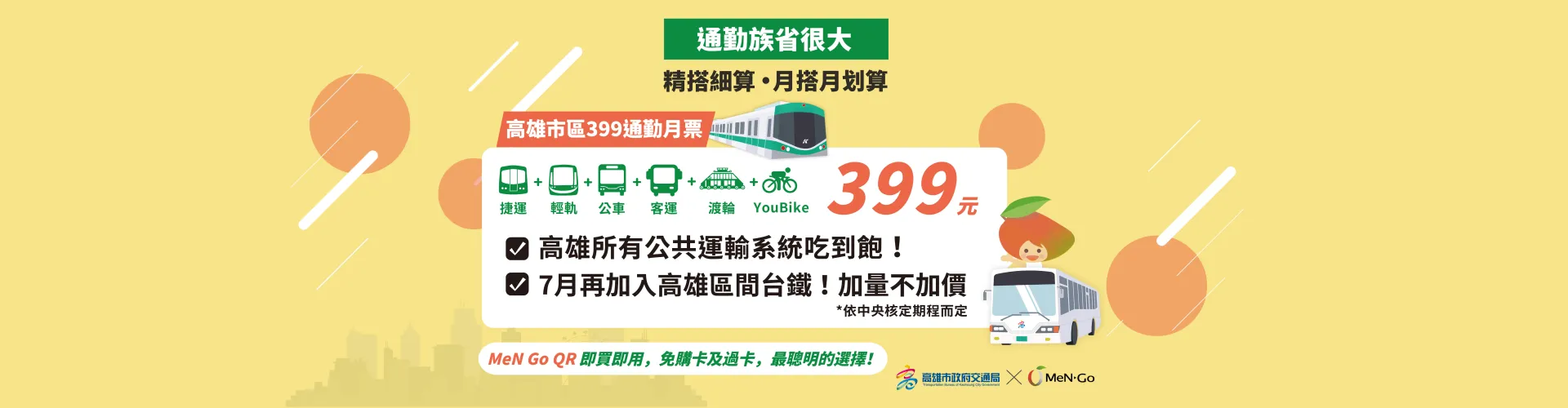 高雄市區通勤月票399元方案 4月27日上線、4月18日先開放申請會員及綁卡。翻攝自MeN Go官網