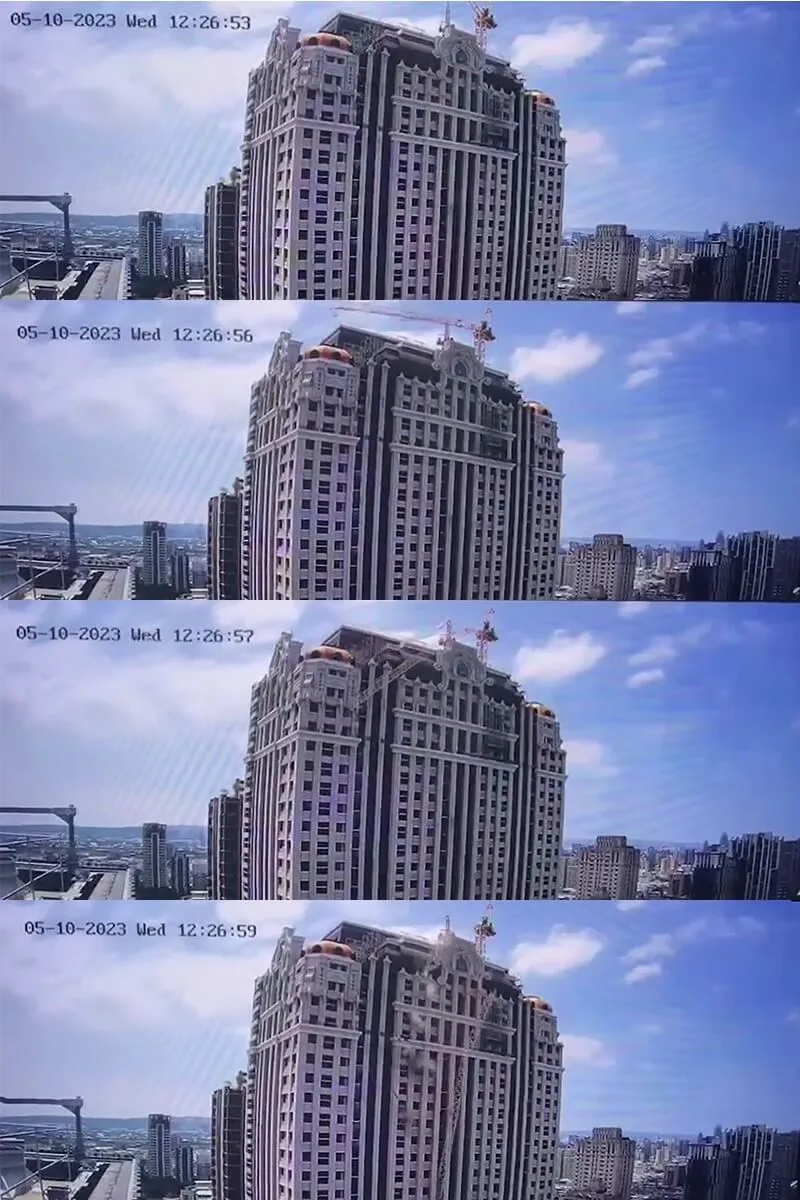 台中市南屯區文心南路上工地發生工安意外，業者在頂樓施工拆除塔吊時，不慎造成吊臂掉落。翻攝畫面