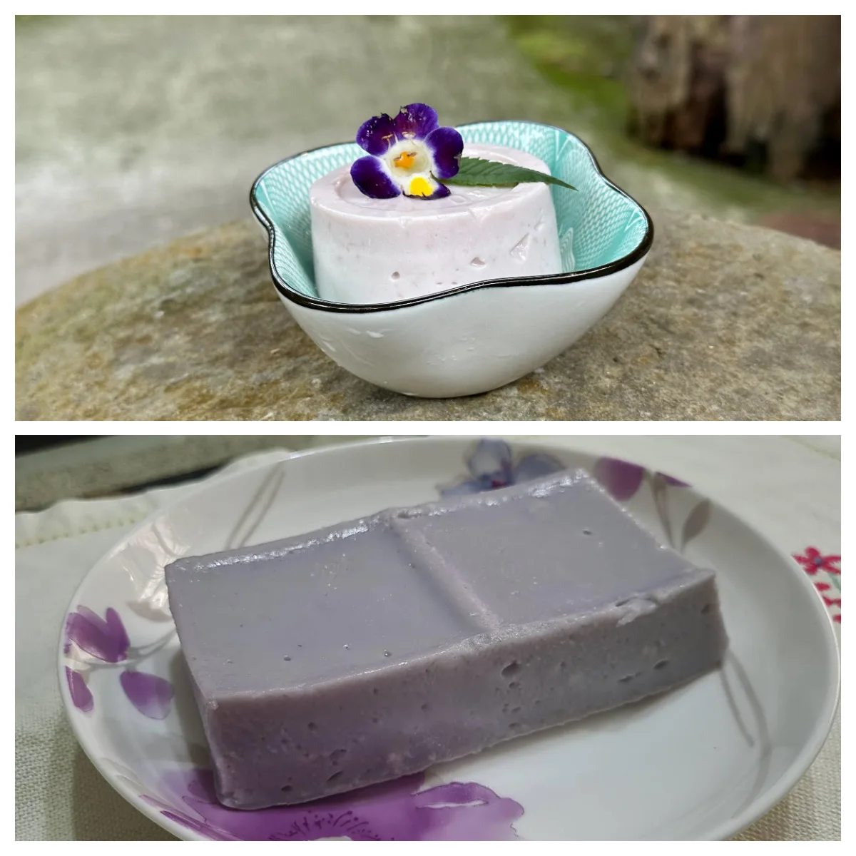 上為北客庄的花生豆腐比較白,下為真正是內埔紫色的花生豆腐。作者提供