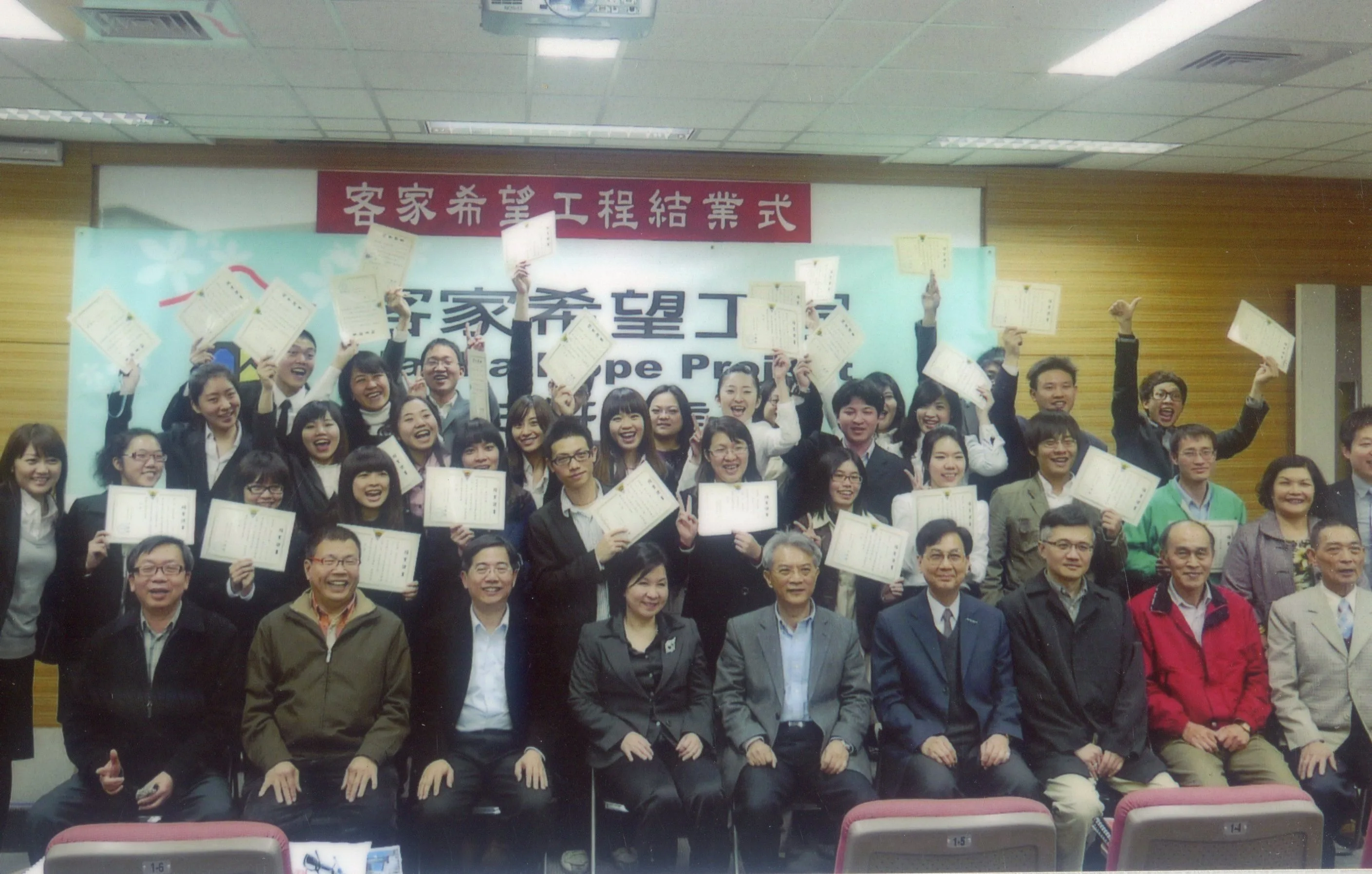 中央大學客家學院曾辦「客家希望工程」講座,培養年輕領袖人才,由天晟醫院董事長張育美及宏致電子公司董事長袁万丁贊助經費。何來美提供