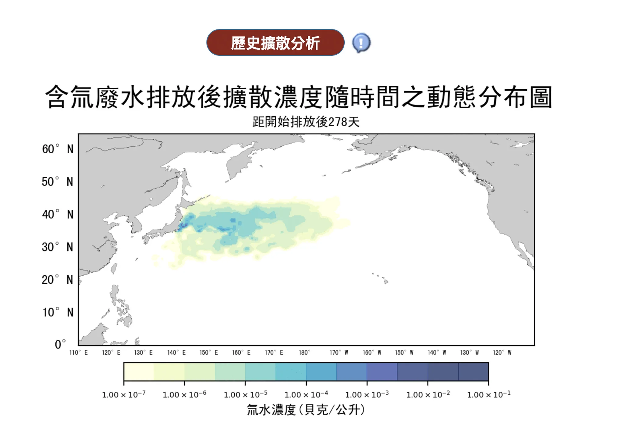 臺灣各單位也持續監測海域是否會被福島輻射污染。翻攝《放射性物質海域擴散海洋資訊平台》網站
