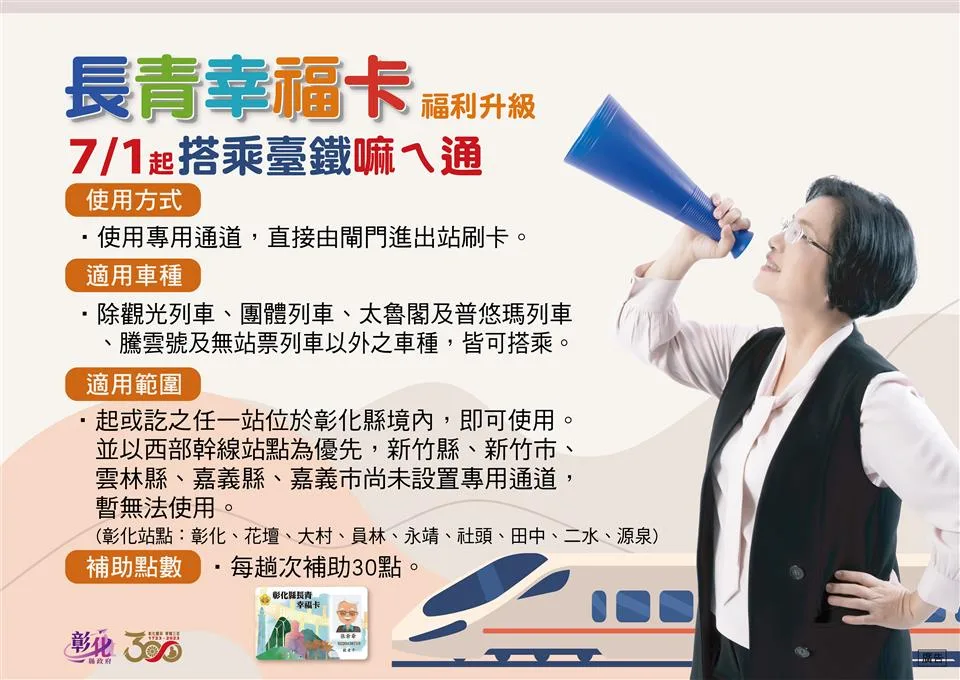 彰化長青幸福卡再升級　7月起能搭火車折30元