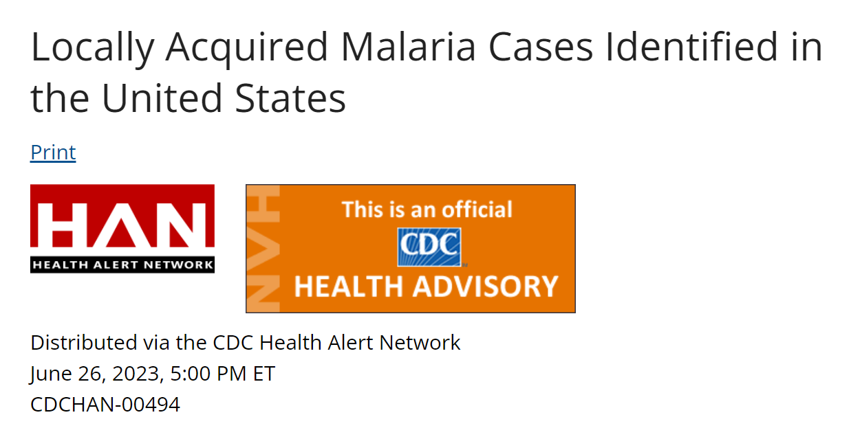 美國CDC針對5起瘧疾案例發布健康警訊。翻攝自《CDC》官網
