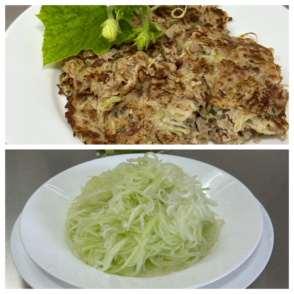 瓠瓜料理兩道，煎瓠瓜肉餅和涼伴瓠瓜。蕭秀琴提供
