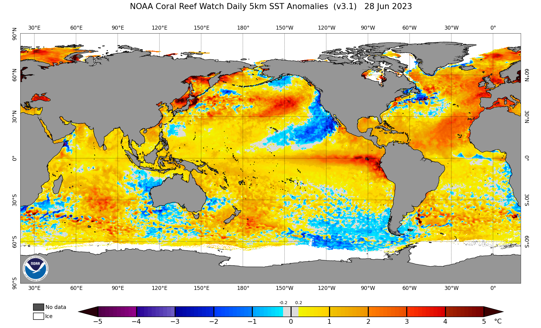 美國國家海洋暨大氣總署（NOAA）28日公告，北太平洋海溫上升。美國國家環境保護局（NCEI）提供