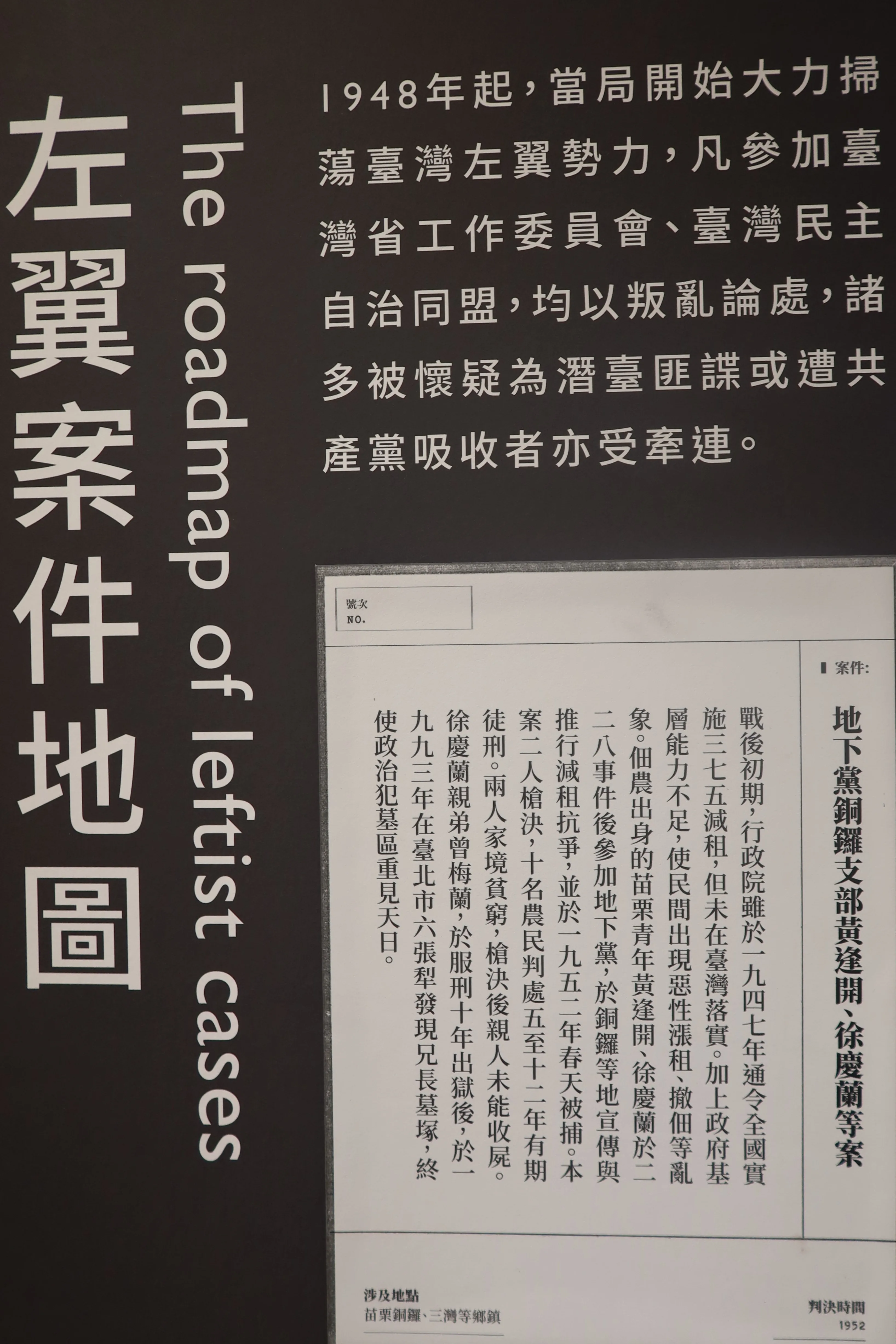 台北市景美「國家人權博物館」展出的「地下黨銅鑼支部黃逢開、徐慶蘭等案」資料。何來美攝
