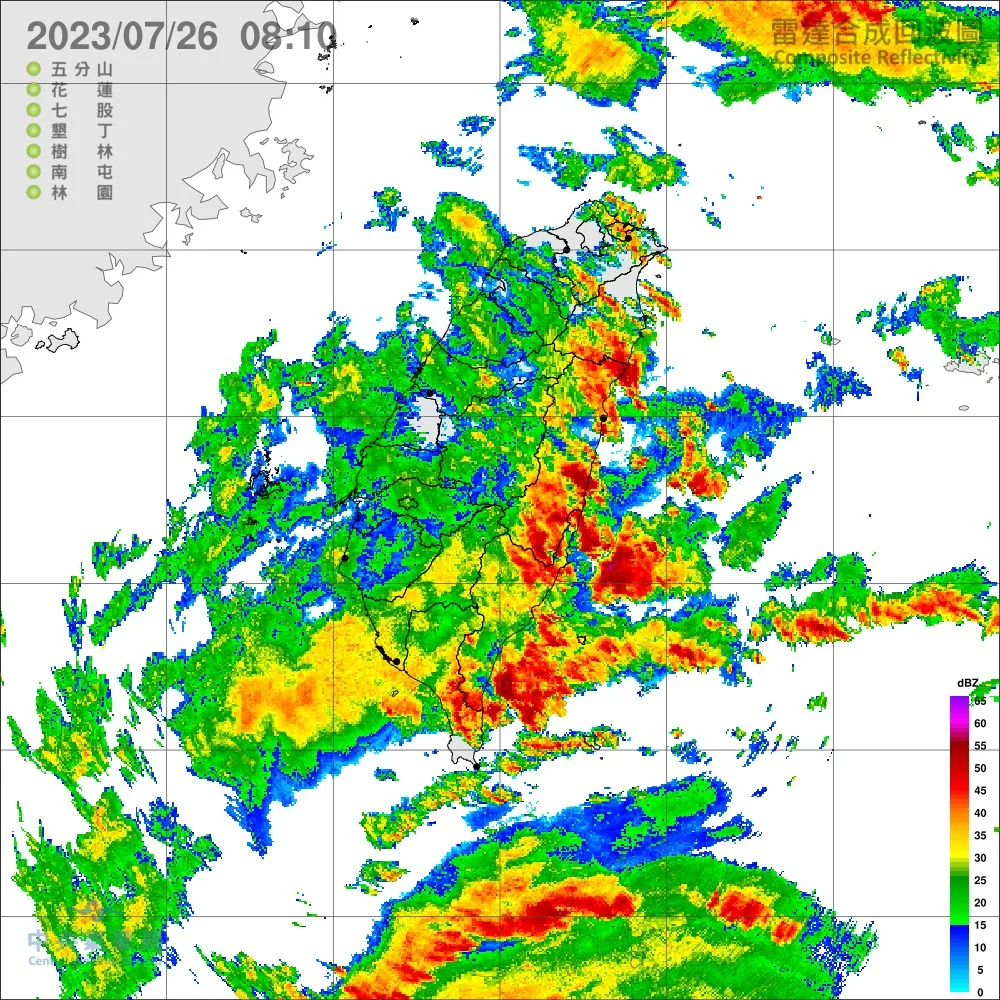 受到杜蘇芮颱風及其外圍環流影響，各地易有短延時強降雨。中央氣象局提供