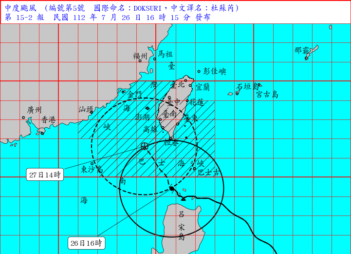 杜蘇芮暴風圈正逐漸接近恆春半島，對雲林、嘉義、台南、高雄、花蓮、台東、屏東、恆春半島及澎湖構成威脅。中央氣象局提供