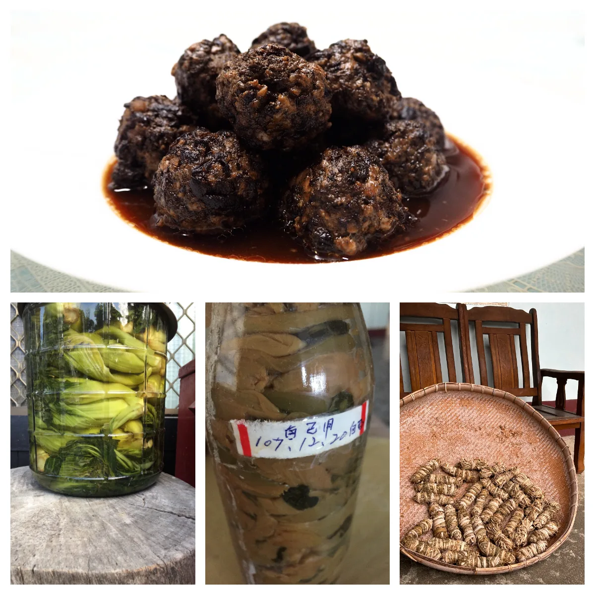一盤鹹菜乾肉丸，說明了一顆大菜變成鹹菜（酸菜）、覆菜（福菜）和鹹菜乾（梅干菜），每個階段都離不開鹽。蕭秀琴提供