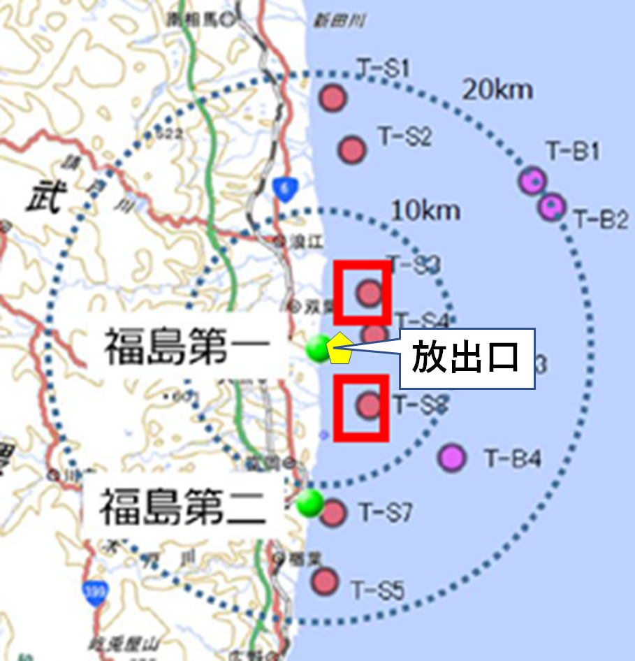 日本水產廳將在開始排放後每天偵測的範圍。翻攝自《水產廳》官方網站