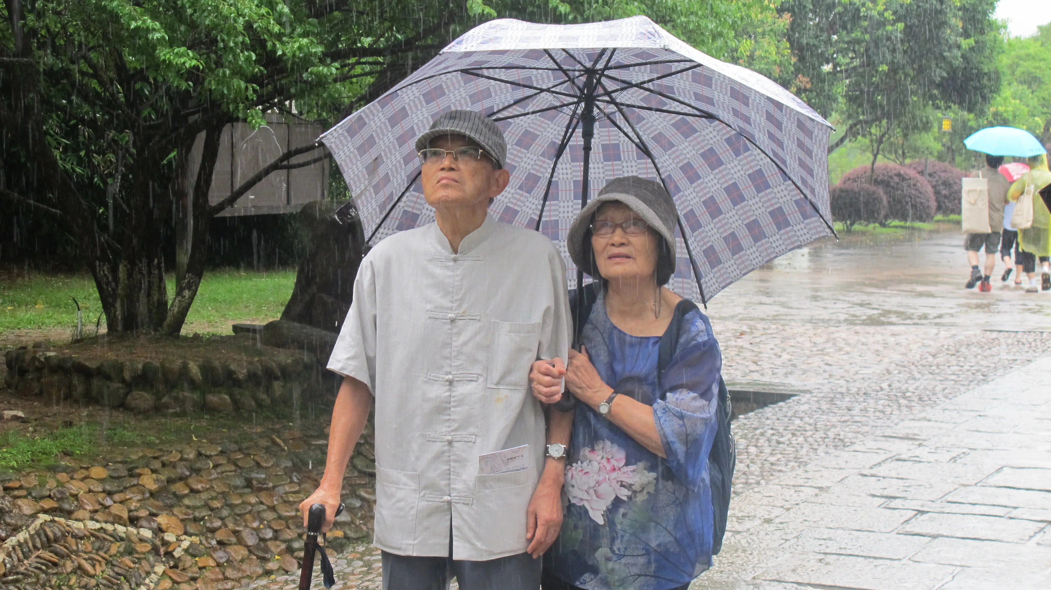 陳運棟、黃春枝夫婦冒雨參觀培田古民居，撐傘互持，鶼鰈情深。何來美攝