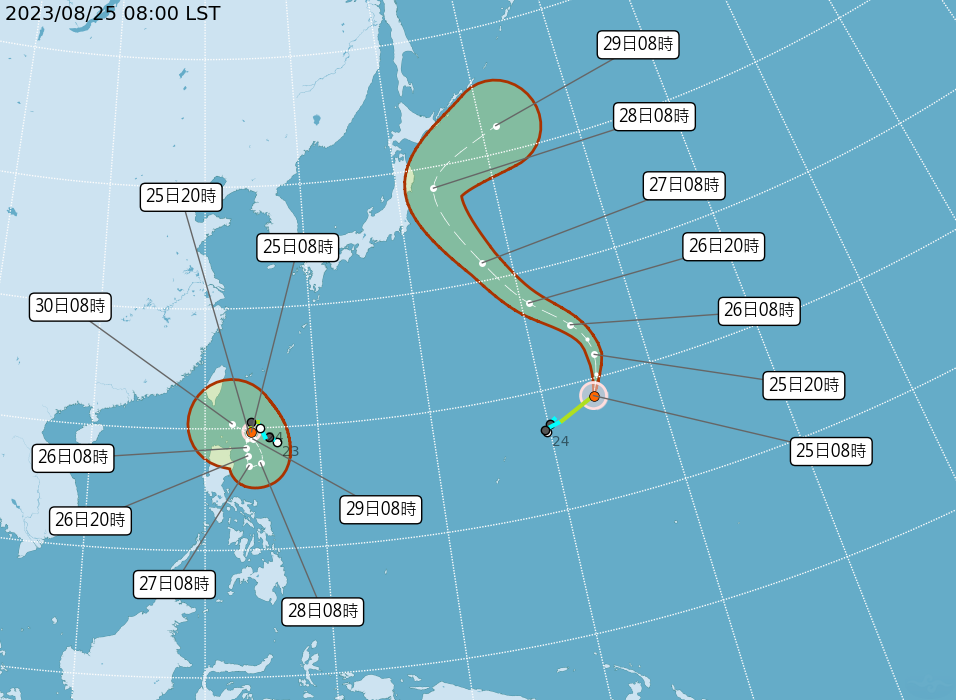 中央氣象局觀測，目前台灣東部海面上有2個颱風，第9號輕度颱風蘇拉、第10號輕度颱風「丹瑞」。翻攝自氣象局