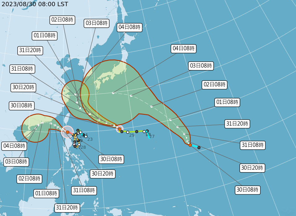 颱風蘇拉路徑潛測圖。翻攝中央氣象局網站