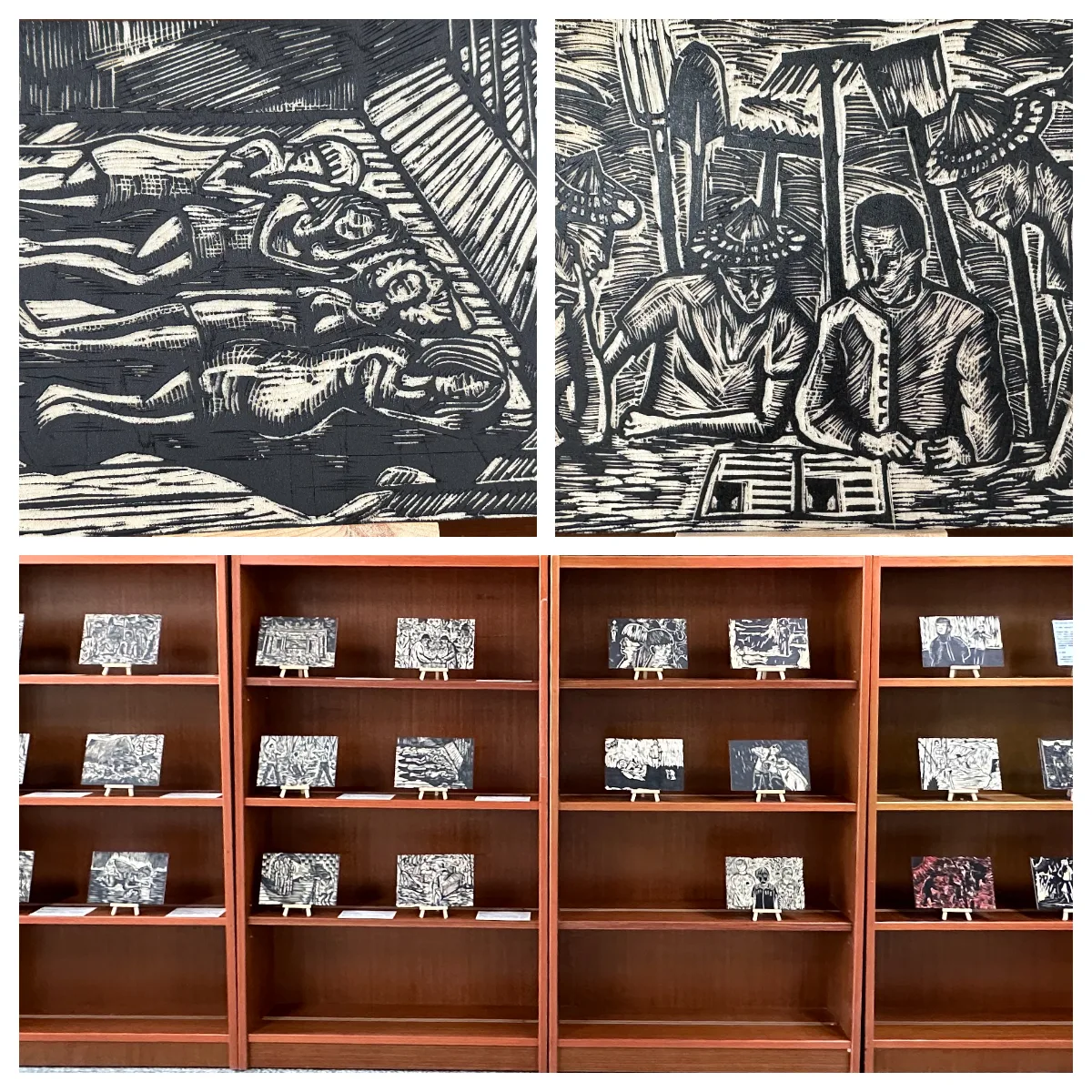 可以在創作中看到被迫害的女性,即使懷孕中也跟其他受害者一起擠在牢房中,像這一幅〈懷孕中等候判決〉,或鄉公所幫助農民爭取權利的公務員,也遭受迫害,像這一幅〈農會是農民的農會〉。蕭秀琴攝